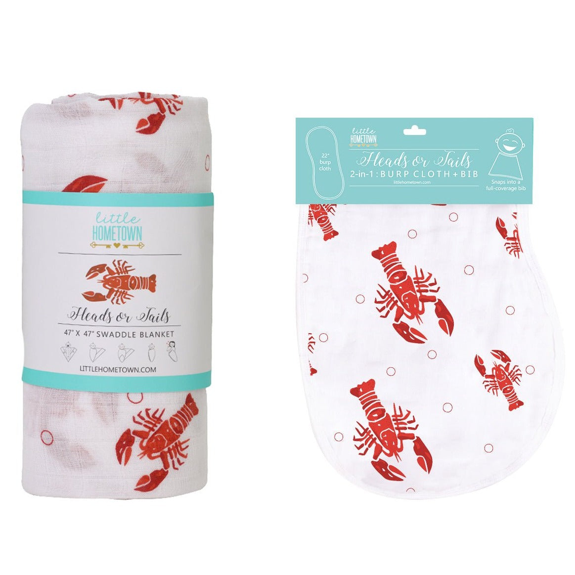 Gift Set: Heads or Tails Crawfish Lobster Baby Muslin Swaddle Blanket and Burp Cloth/Bib Combo by Little Hometown